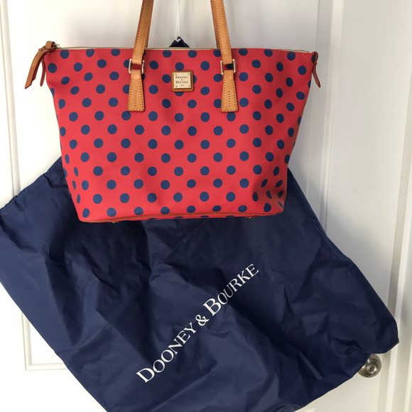 Dooney and Bourke Red with Blue Polka Large Shopper Dot Tote & Dustbag EUC - Picture 12 of 12